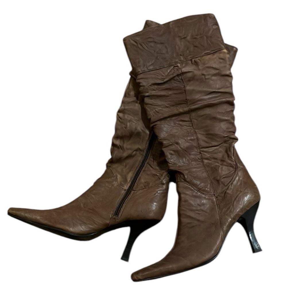 Mixit Brown Pointed-Toe Slouchy Mid-Calf Heeled Boots